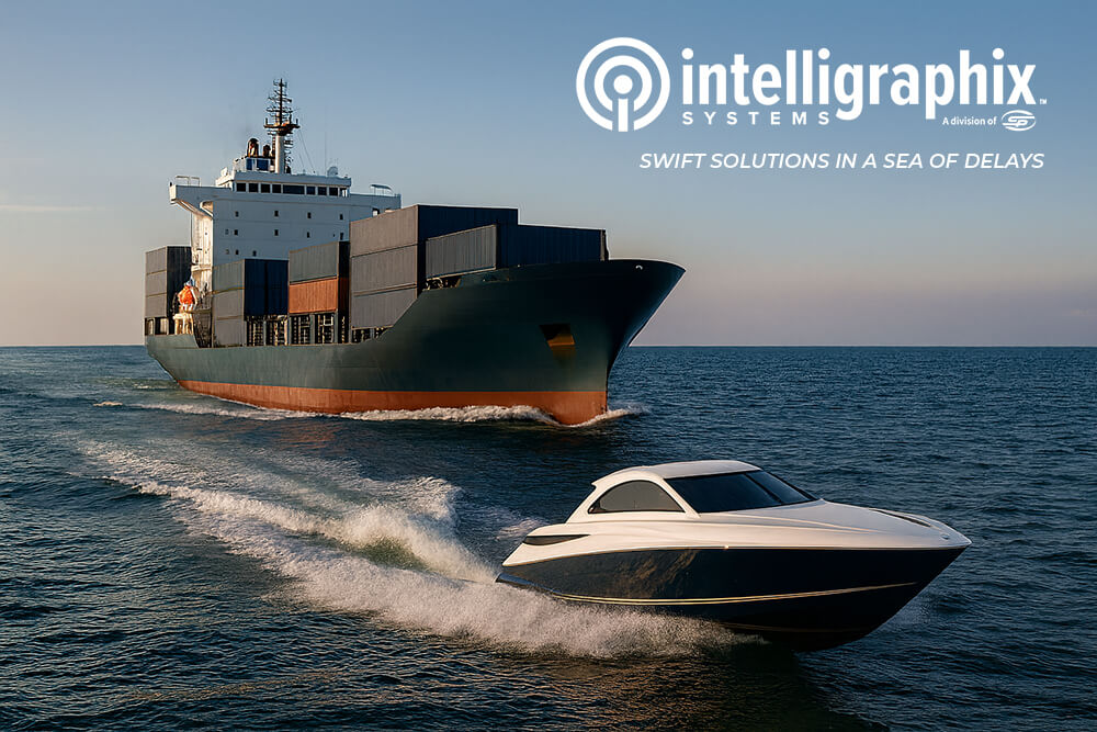 Luxury speedboat overtaking a large cargo ship on the ocean, representing Intelligraphix’s fast, agile flexographic prepress services during industry consolidation.
